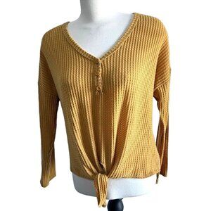 Live in the Moment Mustard Waffle Knit Blouse Sz Large Womens Knot Front